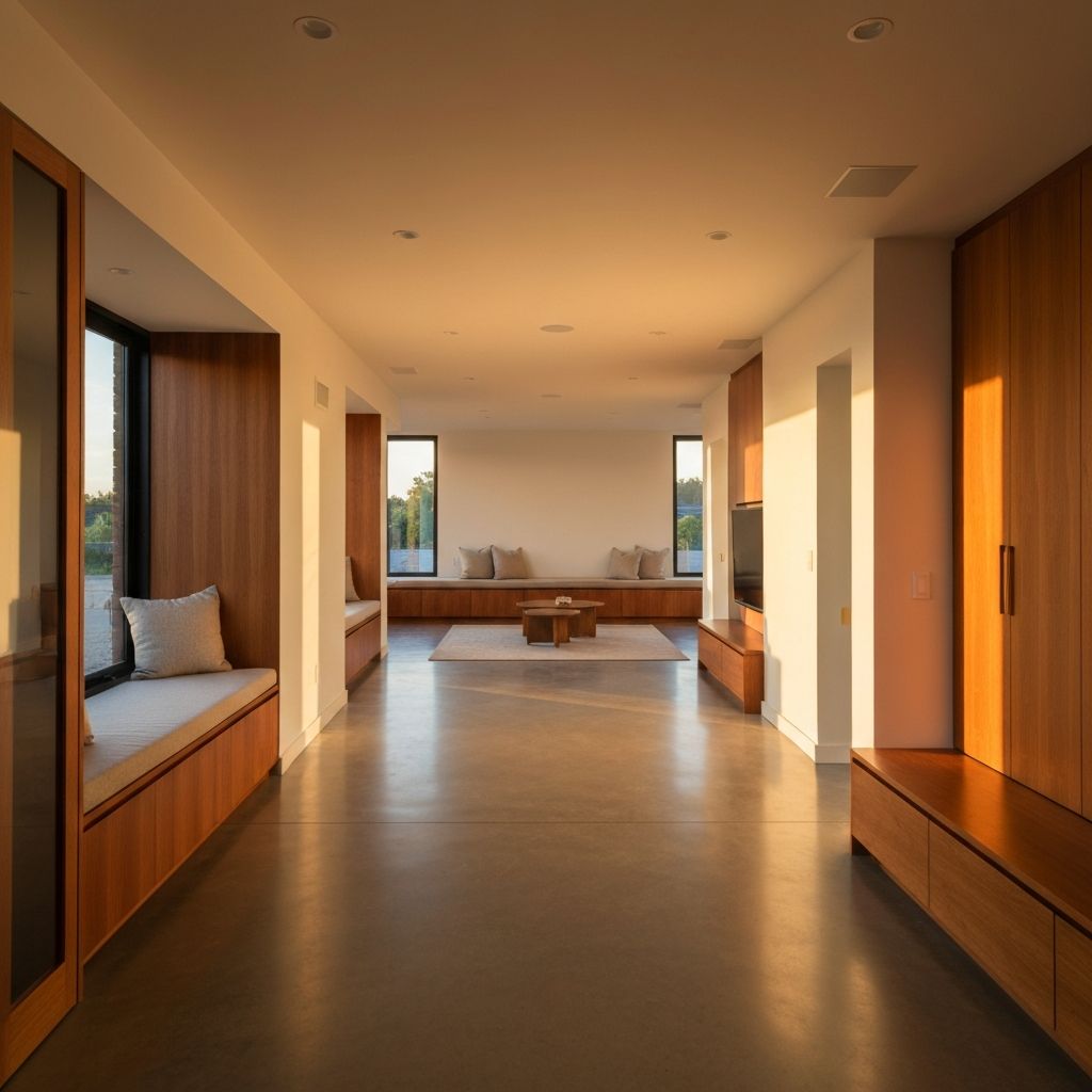 Reforma de salón moderno con suelos de madera y grandes ventanales